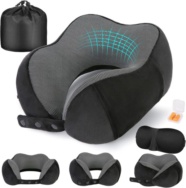 Travel Pillow for Airplane, Neck Pillow for Travel, Memory Foam Travel Neck Pillow for Adults, Adjustable & Compact Flight Pillow