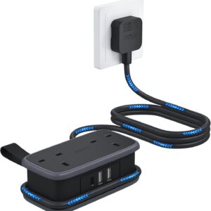 Travel Extension Lead, Cruise Essentials Extension Lead with USB Slots, 1.2M Extension Cord with 2 Way Outlets 3 USB（1 Type C) for Cruise Travel Essential Hotel Home Office Camping