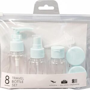Travel Toiletry Bottles Set,8PCS Leakproof Refillable Containers | Pump Spray Bottles Cream Jars Funnels Labels squeeze bottles shampoos lotions cosmetics Perfect for travel gym toiletries